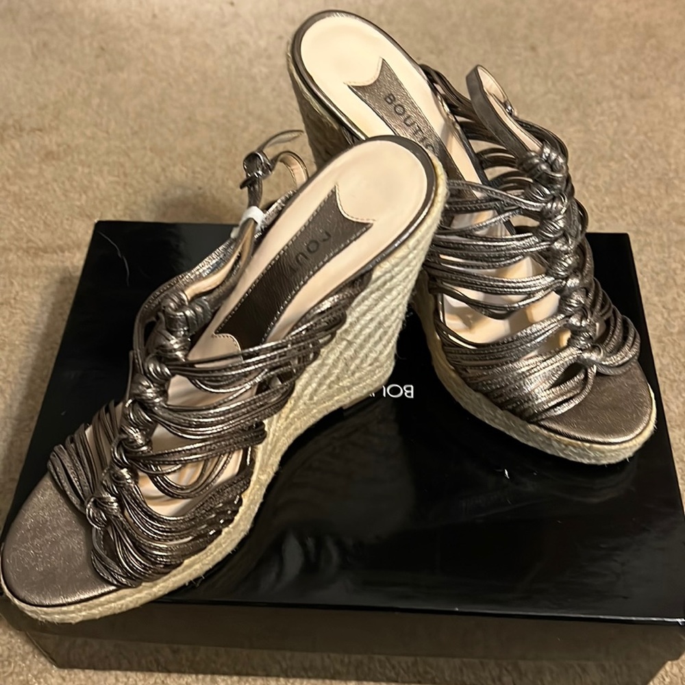 Boutique9 Sandles, size 10, pewter color, 4 inch wedge